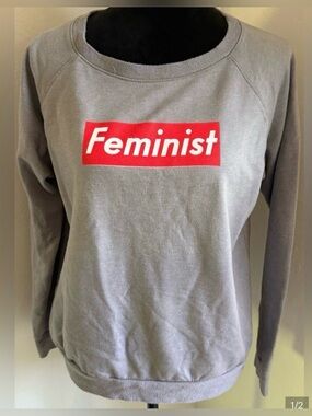 Women’s  Feminist Graphic Sweatshirt - Gray with Red Logo (Size S)